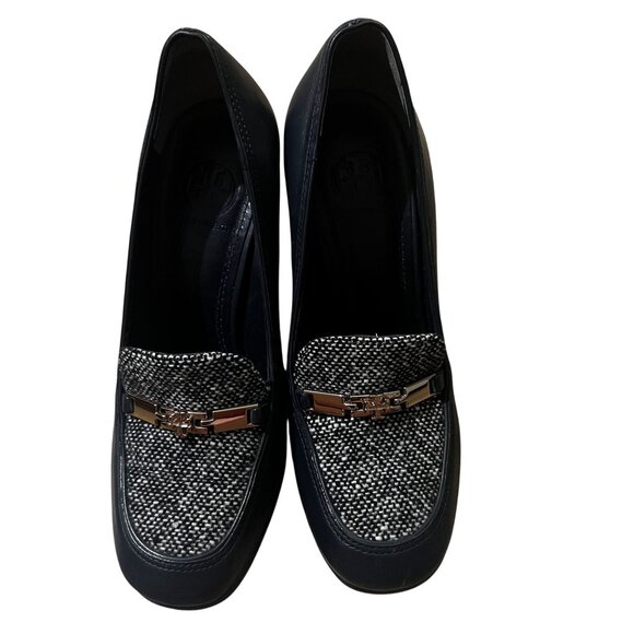 Tory Burch Women's Black Leather & Tweed wedges With Gold Hardware & Block Heels - Picture 1 of 7